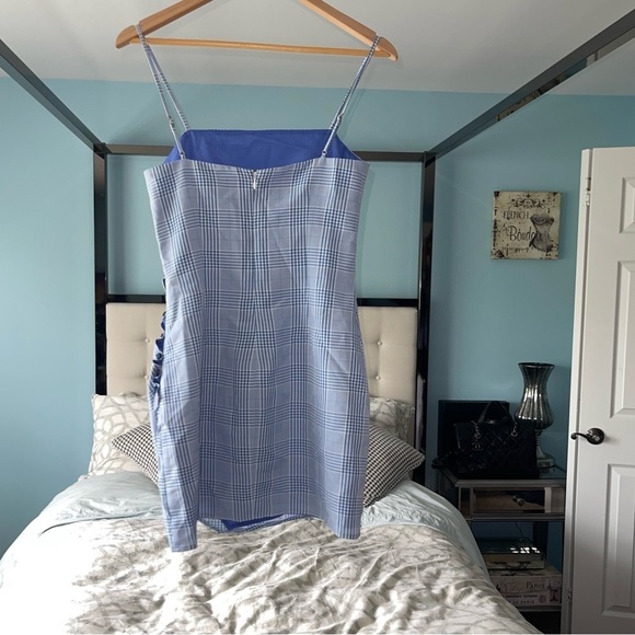 Lovers + Friends ELLIS Blue Plaid Mini Dress Side Ruched Button Detail Small - Picture 4 of 5